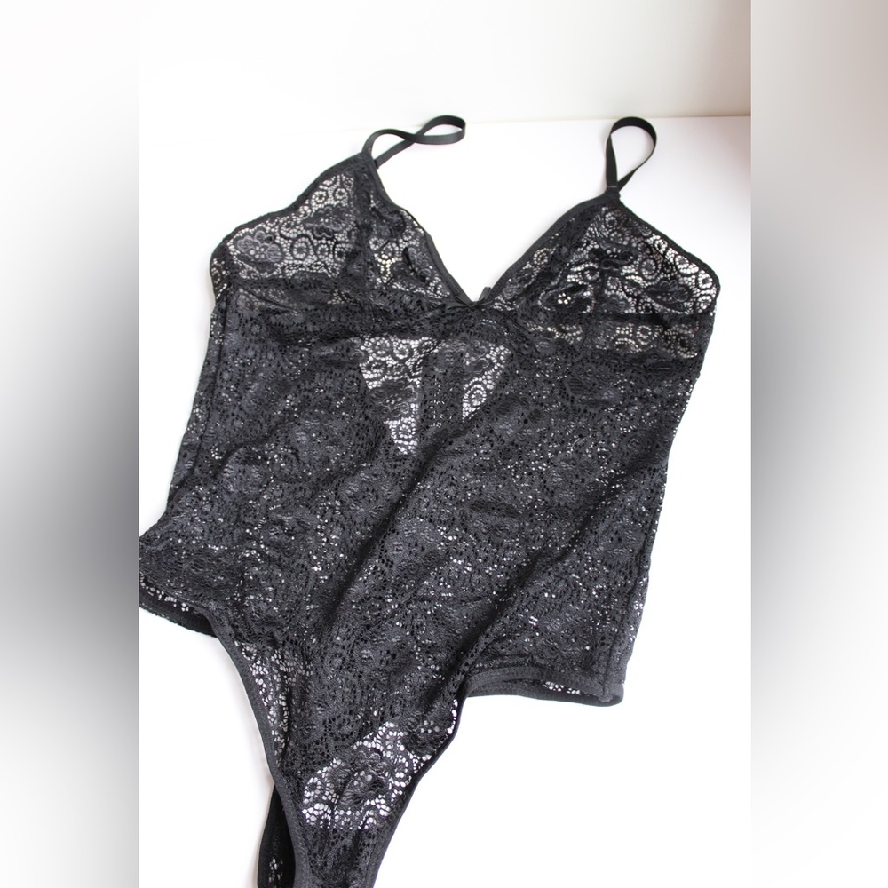 NWT Rene Rofe black lace L One Piece Thong bodysuit Lingerie